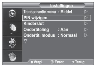 Instellingen Transparantie menu : Middel PIN wijzigen Kinderslot Ondertiteling : Aan Ondertit. modus : Normaal Verpl. Enter Terug
