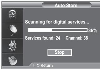 Auto Store Scanning for digital services... 35% Services found: 24 Channel: 38 Stop 1 -> Return