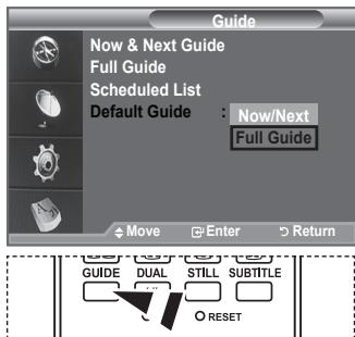 Guide Now & Next Guide Full Guide Scheduled List Default Guide : Now/Next Full Guide Move Enter Return GUIDE DUAL STILL SUBTITLE O RESET