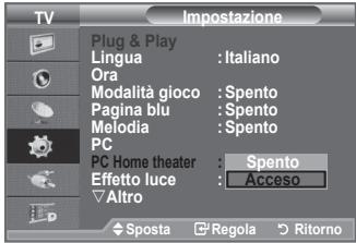TV Impostazione Plug & Play Lingua : Italiano Ora Modalità gioco : Spento Pagina blu : Spento Melodia : Spento PC PC Home theater : Spento Effetto luce : Acceso Altro Sposta Regola Ritorno