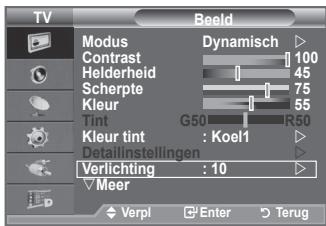 TV Modus Contrast Helderheid Scherpte Kleur Tint Kleur tint Detailinstellingen Verlichting : 10 Meer Dynamisch 100 45 75 55 G50 R50 Koel1 Verpl Enter Terug