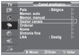 TV Canal analógico País : Bélgica Memor. auto Memor. manual Gestor canais Ordenar Nome Sintonia fina LNA : Deslig Mover Enter Voltar