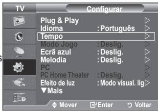 TV Configurar Plug & Play Idioma : Português Tempo Modo Jogo : Deslig. Ecrã azul : Deslig. Melodia : Deslig. PC PC Home Theater : Deslig. Efeito de luz : Modo visual. lig > Mais Mover Enter Voltar