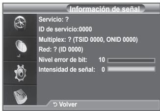 Información de señal Servicio: ? ID de servicio:0000 Multiplex: ? (TSID 0000, ONID 0000) Red: ? (ID 0000) Nivel error de bit: 10 Intensidad de señal: 0 5 Volver