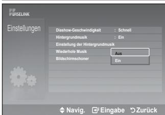 PULSELINK Einsellungen Dishow-Geschwindigkeit : Schnell Hintergrundmusk : Ein Einstellung der Hintergrundmusk Wiederhole Musk Aus Bildschirmachoner Ein Navig. Eingabe Zurück