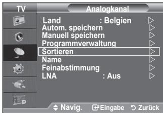 Analogkanal Land : Belgien Autom. speichern Manuell speichern Programmverwaltung Sortieren Name Feinabstimmung LNA : Aus Navig. Eingabe Zurück