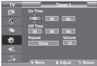 TV Timer 1 On Time 00 : 00 No Off Time 00 : 00 No Repeat Volume Once 10 Move Adjust Return