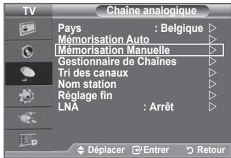 TV Chaine analogique Pays : Belgique ▶ Mémorisation Auto ▶ Mémorisation Manuelle ▶ Gestionnaire de Chaines ▶ Tri des canaux ▶ Nom station ▶ Réglage fin ▶ LNA : Arrêt ▶ Déplacer ☑Entrer ▶ Retour