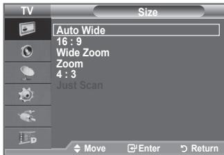TV Size Auto Wide 16 : 9 Wide Zoom Zoom 4 : 3 Just Scan Move Enter Return