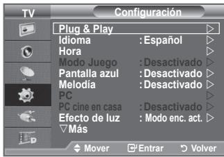 TV Configuración Plug & Play Idioma : Español Hora Modo Juego : Desactivado Pantalla azul : Desactivado Melodia : Desactivado PC PC cine en casa : Desactivado Efecto de luz : Modo enc. act. Más Mover Entrar Volver