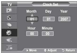 TV Clock Set Month Day Year 01 01 2007 Hour Minute 00 00 Move Adjust Return