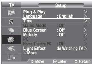 TV Setup Plug & Play Language : English Time Game Mode : Off Blue Screen : Off Melody : Off PC Home Theatre PC : Off Light Effect : In Watching TV More Move Enter Return