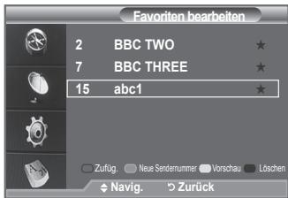 Favoriten bearbeiten 2 BBC TWO ★ 7 BBC THREE ★ 15 abc1 ★ Zuflug. Neue Sendemummer Vorschau Löschen ◆ Navig. > Zurück