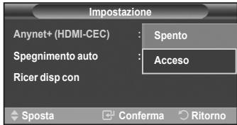 Impostazione Anynet+ (HDMI-CEC) : Spento Spegnimento auto : Acceso Ricer disp con Sposta Conferma Ritorno