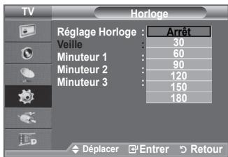 TV Horloge Réglage Horloge : Arrêt Veille : 30 Minuteur 1 : 60 Minuteur 2 : 90 Minuteur 3 : 120 150 180 Déplacer Entrer Retour
