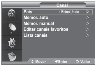 Canal País : Reino Unido Memor. auto Memor. manual Editar canais favoritos Lista canais Mover Enter Voltar