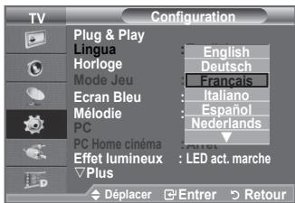 TV Configuration Plug & Play Lingua Horloge Mode Jeu Ecran Bleu Mélodie PC PC Home cinéma Effet lumineux Plus English Deutsch Français Italiano Español Nederlands LED act. marche Déplacer Entrer Retour