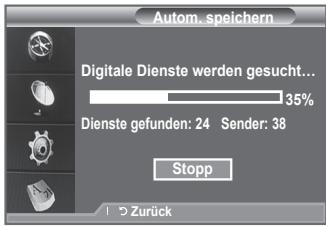 Autom. speichern Digitale Dienste werden gesucht... 35% Dienste gefunden: 24 Sender: 38 Stopp 1 5 Zurück