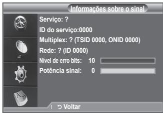 Informações sobre o sinal Serviço: ? ID do serviço:0000 Multiplex: ? (TSID 0000, ONID 0000) Rede: ? (ID 0000) Nível de erro bits: 10 Potência sinal: 0 1 > Voltar