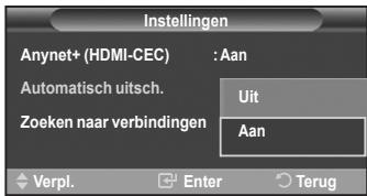 Instellingen Anynet+ (HDMI-CEC) : Aan Automatisch uitsch. Uit Zoeken naar verbindingen Aan Verpl. Enter Terug