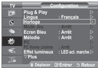 Configuration Plug & Play Lingua : Français Horloge Mode Jeu : Arrêt Ecran Bleu : Arrêt Mélodie : Arrêt PC PC Home cinéma : Arrêt Effet lumineux : LED act. marche Plus Déplacer Entrer Retour