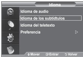 Idioma Idioma de audio Idioma de los subtítulos Idioma del teletexto Preferencia Mover Entrar Volver