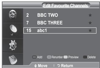 Edit Favourite Channels 2 BBC TWO ★ 7 BBC THREE ★ 15 abc1 ★ Add Renumber Preview Delete Move Return