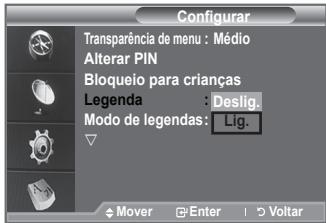 Configurar Transparência de menu : Médio Alterar PIN Bloqueio para crianças Legenda : Deslig. Modo de legendas: Lig.