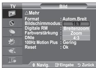 SAMSUNG LE40F86BD - Wenn Sie die Bildgroße bei einem Fernsehgerät im 16:9-Format auf Automatisch einstellen, können Sie bestimmen, dass das Bild als 4:3 WSS (Breitbilddienst) oder gar nicht sehen angezeigt werden soll. Da jeder europäische Land eine andere Bildgroße verwendet, können die Benutzer sie damit einstellen. - 4