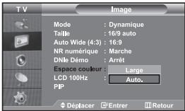 TV Mode : Dynamique Taille : 16/9 auto Auto Wide (4:3) : 16:9 NR numérique : Marche DNle Demo : Arrêt Espace couleur : Large LCD 100Hz : Auto. PIP Déplacer Entrer Retour