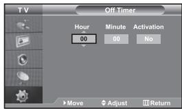 TV Off Timer Hour Minute Activation 00 00 No Move Adjust Return