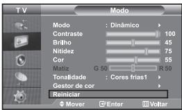 TV Modo Modo : Dinâmico Contraste 100 Britho 45 Nitidez 75 Cor 55 Matiz G 50 R 50 Tonalidade : Cores frias1 Gestor de cor Reiniciar Mover Enter Voltar