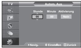 T V Autom. Aus Stunde Minute Aktivierung 00 00 Nein Navig. Einstellen Zurück