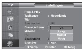 T V Instellingen Plug & Play Taalkeuze : Nederlands Tijd SpeImodus : Uit Blauw scherm : Uit Melodie : Laag PC : MiddeI Spaarstand : Hoog Blue Eye : Aan Verpl. Enter Terug