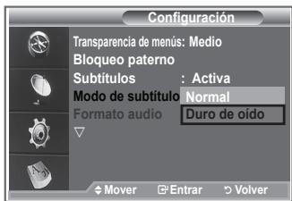 SAMSUNG LE40M86BD - Use este menú para configurar Modo de subtítulo. “Normal” es la opción básica y “Duro de oído” es la opción para personas con problemas de audición. - 1