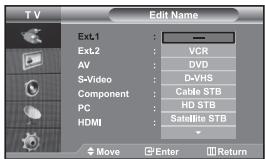 TV Edit Name Ext1 : — Ext2 : VCR AV : DVD S-Video : D-VHS Component : Cable STB PC : HD STB HDMI : Satellite STB Move Enter Return