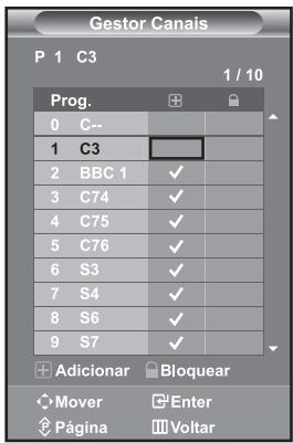 Gestor Canais P 1 C3 1 / 10 Prog. 0 C-- 1 C3 2 BBC 1 ✓ 3 C74 ✓ 4 C75 ✓ 5 C76 ✓ 6 S3 ✓ 7 S4 ✓ 8 S6 ✓ 9 S7 ✓ Adicionar Bloquear Mover Enter Página Voltar