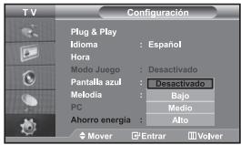 T V Configuración Plug & Play Idioma : Español Hora Modo Juego : Desactivado Pantalla azul : Desactivado Melodia : Bajo PC : Medio Ahorro energía : Alto Mover □Entrar □Volver