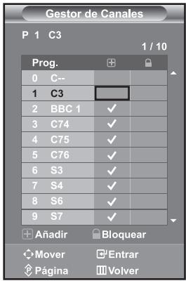Gestor de Canales P 1 C3 1 / 10 Prog. 0 C-- 1 C3 2 BBC 1 ✓ 3 C74 ✓ 4 C75 ✓ 5 C76 ✓ 6 S3 ✓ 7 S4 ✓ 8 S6 ✓ 9 S7 ✓ Añadir Bloquear Mover Entrar Página Volver