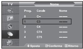 TV Name Prog. Canale Nome 0 C— 1 C3 ——— 2 C4 ——— 3 C74 ——— 4 C75 ——— Sposta Conferma Ritorno