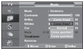T V Modo : Dinâmico Contraste 100 Brilho 50 Nitidez 75 Cor Normal 55 Matiz G 50 Cores frias2 50 Tonalidade : Cores quentes1 50 Reiniciar Mover Enter Voltar