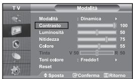TV Modalità Modalità : Dinamica Contrasto 100 Luminosità 50 Nitidezza 75 Colore 55 Tinta V 50 R 50 Toni colore : Freddo1 Reset Sposta Conferma Ritorno