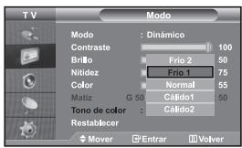 TV Modo Contraste : Dinámico 100 Brillo Frio 2 50 Nitidez Frio 1 75 Color Normal 55 Matiz G 50 Cáldo1 50 Tona de color : Cáldo2 Restablecer Mover Entrar Volver