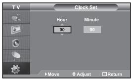 TV Clock Set Hour 00 Minute 00 Move Adjust Return