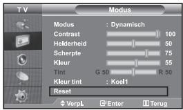 TV Modus Modus : Dynamisch Contrast 100 Helderheid 50 Scherpte 75 Kleur 55 Tint G 50 R 50 Kleur tint : Koef1 Reset VerpL Enter Terug