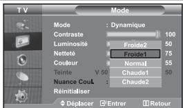 TV Mode Mode : Dynamique Contraste 100 Luminosité Froide2 50 Netteé Froide1 75 Couleur Normal 55 Teinte V 50 Chaude1 50 Nuance CouL : Chaude2 Réinitialiser Déplacer Entrer Retour