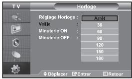 TV Régage Horloge : Arrêt Veille : 30 Minuterie ON : 60 Minuterie OFF : 90 120 150 180 Déplacer Entrer Retour
