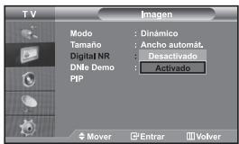TV Imagen Modo : Dinámico Tamaño : Ancho automat. Digital NR : Desactivado DNIE Demo : Activado PIP Mover □Entrar □Volver