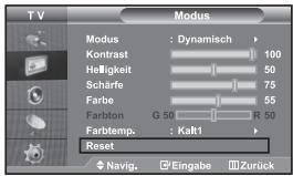 TV Modus Modus : Dynamisch Kontrast 100 Helligkeit 50 Scharfe 75 Farbe 55 Farbion G 50 R 50 Farbtemp. : Kaft1 Reset Navig. Eingabe Zurück