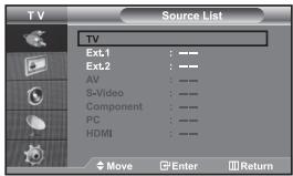 TV Source List TV Ext1 : —— Ext2 : —— AV : —— S-Video : —— Component : —— PC : —— HDMI : —— Move Enter Return